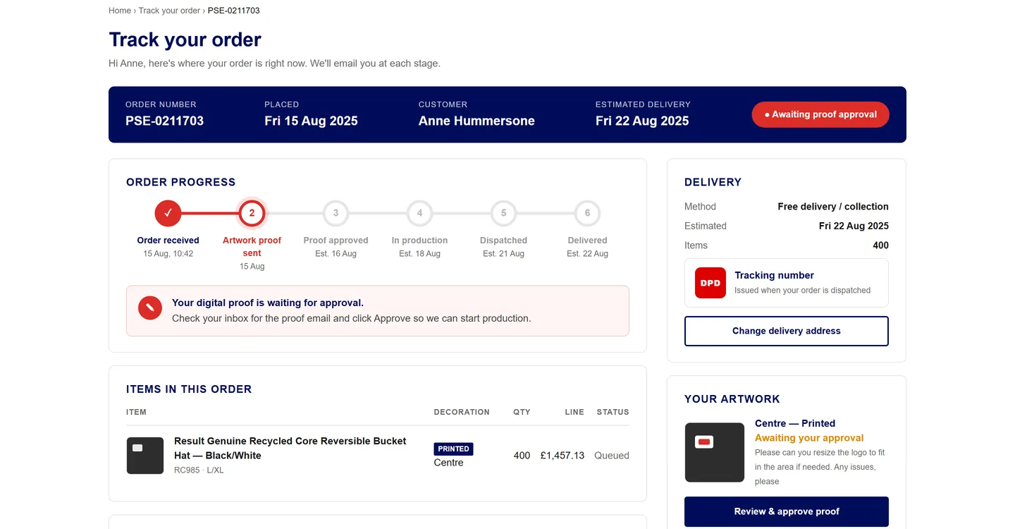 Customer tracking page at stage 2, artwork proof sent