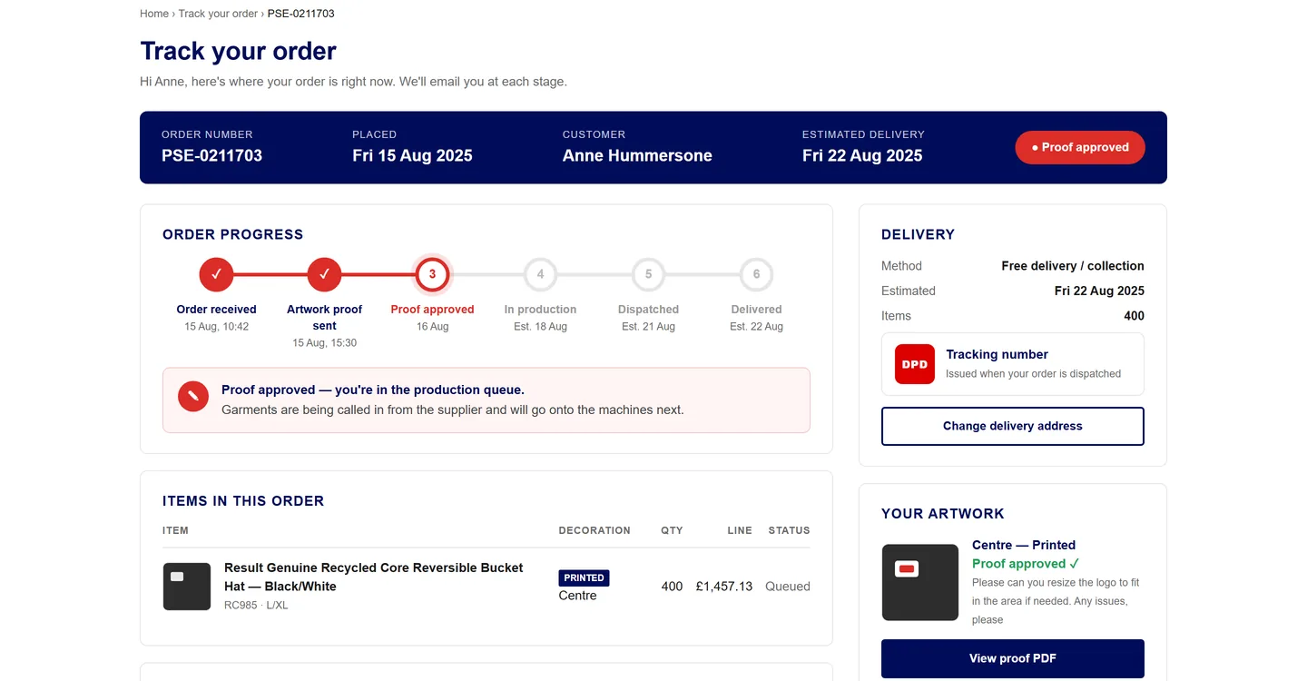 Customer tracking page at stage 3, proof approved