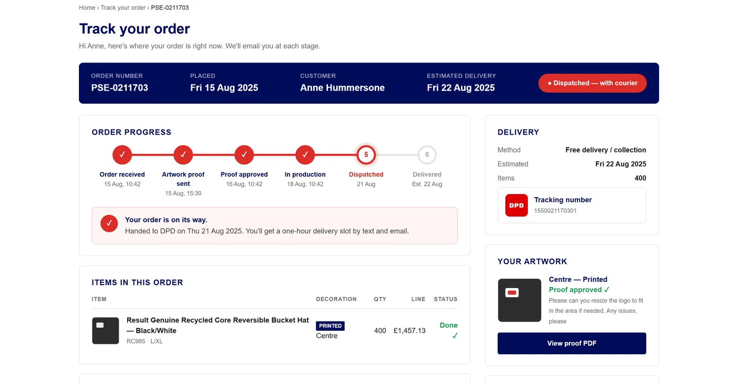 Customer tracking page at stage 5, dispatched with tracking number