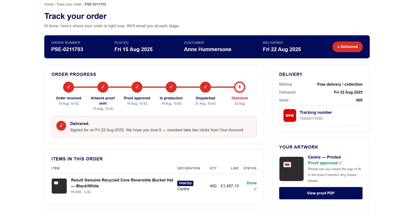 Customer tracking page at stage 6, delivered